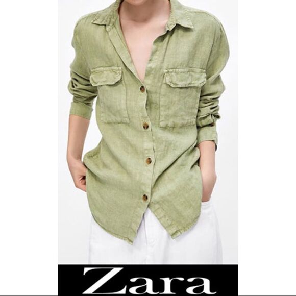 ✨ Zara Oversized Linen Boho Button Down Green Shirt✨ - Picture 3 of 14